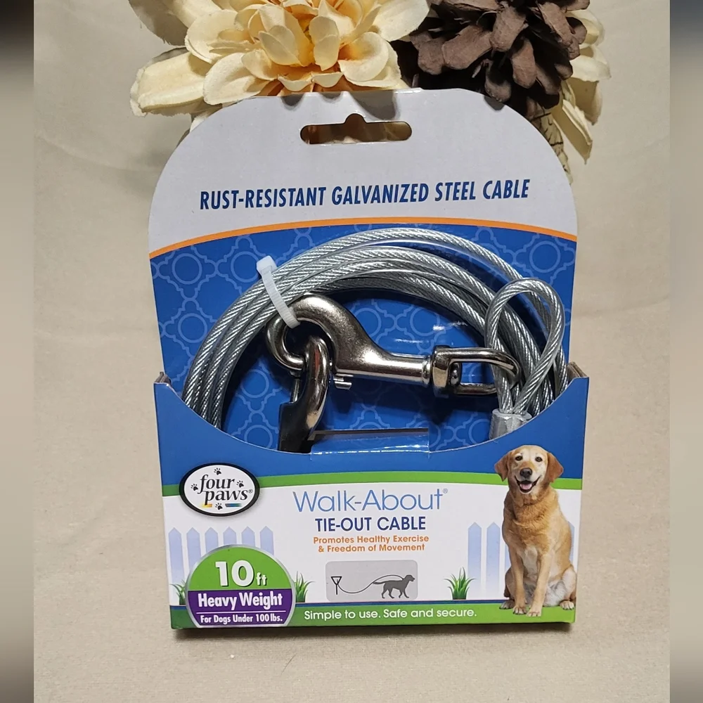 Four Paws NIP Silver Heavy Weight Dog Walk-About Tie-Out Cable 10ft Under 100lbs